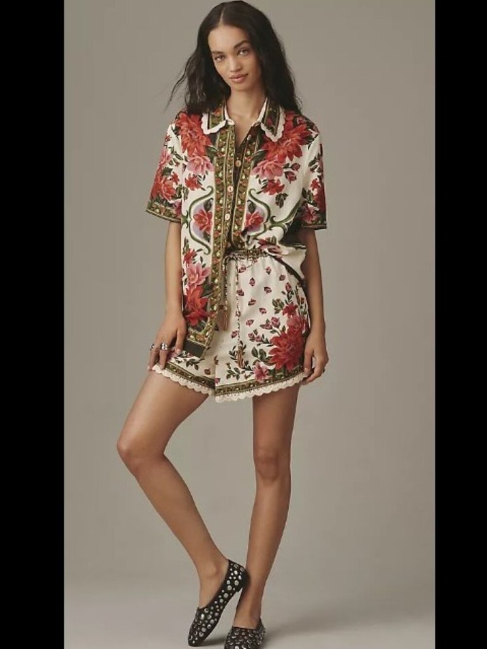 NWT Farm Rio MATCHING SET Linen Blend Button Down Shirt & Drawstring Shorts Sz M